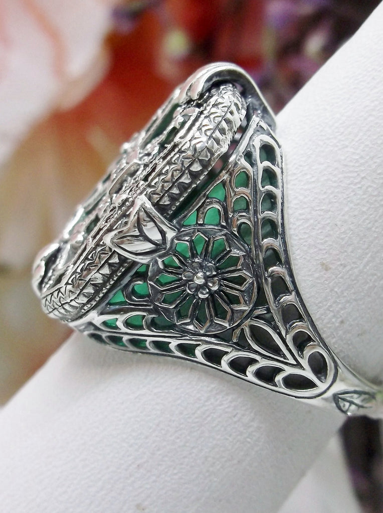 Emerald Green Stained Glass Ring with Sterling Silver Art Deco Filigree and a single natural Diamond in the center of the pane sections