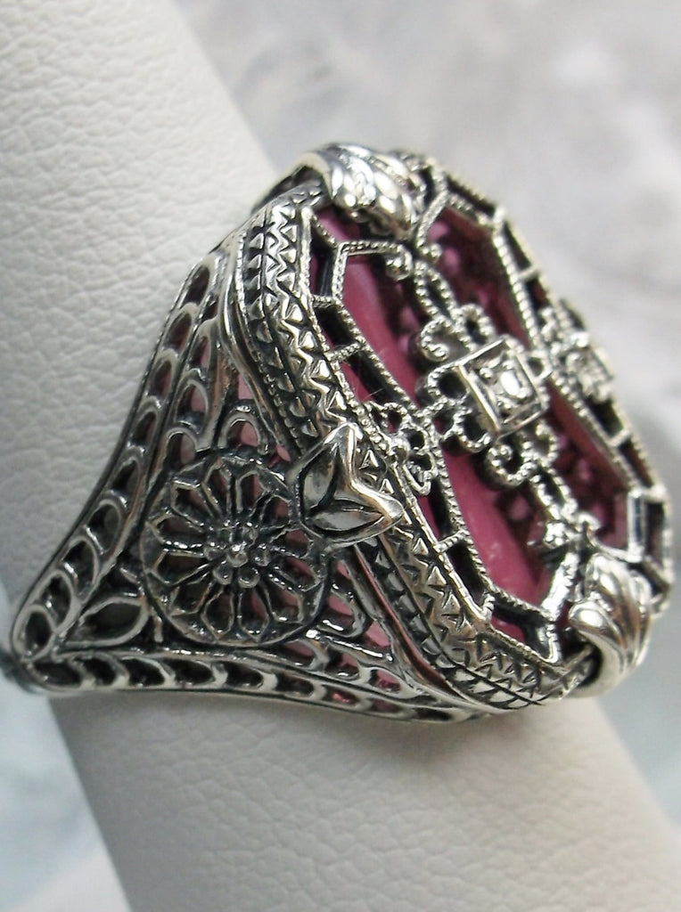 Petal Rose Pink Camphor Glass Ring with Sterling Silver Art Deco Filigree and a single Lab Moissanite in the center of the pane sections