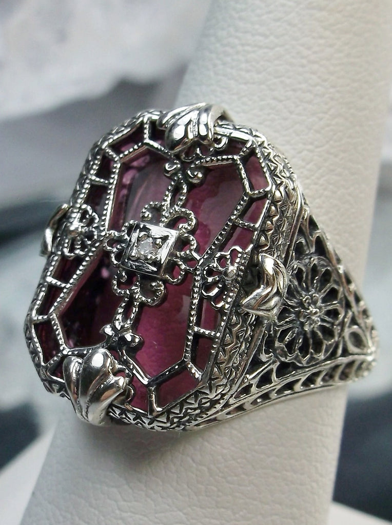 Pink Camphor Glass Ring with Sterling Silver Art Deco Filigree and a single white CZ in the center of the pane sections