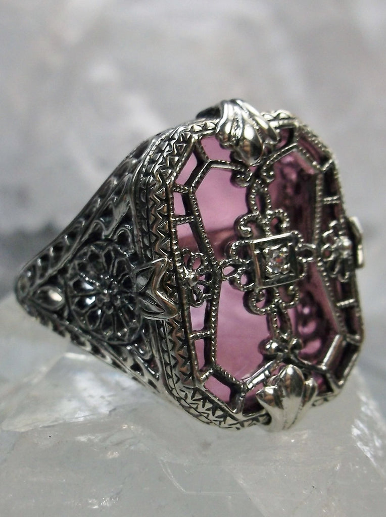 Rose Pink Camphor Glass Ring with Sterling Silver Art Deco Filigree and a single white CZ in the center of the pane sections