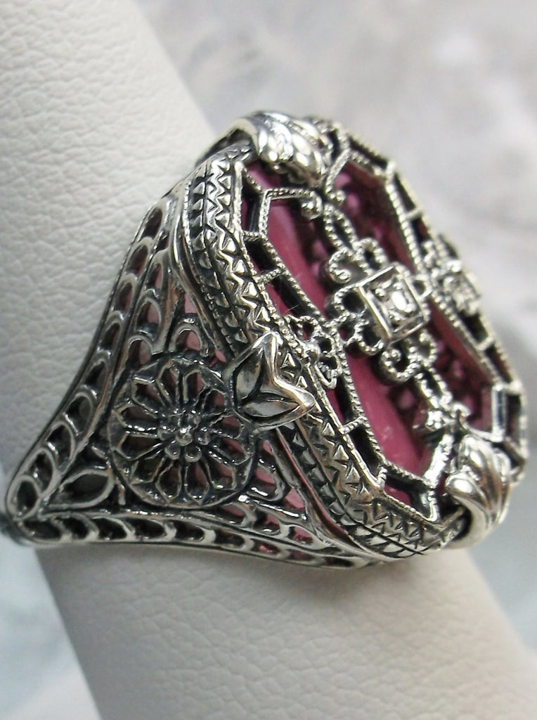 Rose Pink Camphor Glass Ring with Sterling Silver Art Deco Filigree and a single white CZ in the center of the pane sections
