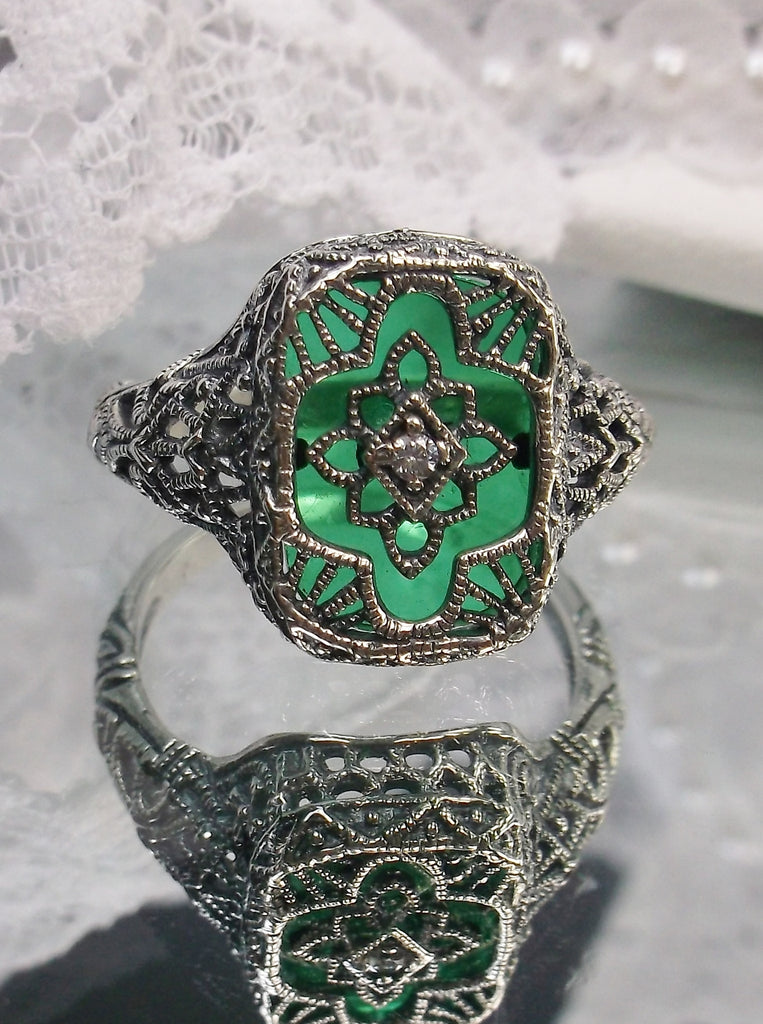 Emerald Green Camphor Glass Ring with White Cubic Zirconia inset, Sterling Silver Filigree Jewelry, Silver Embrace Jewelry