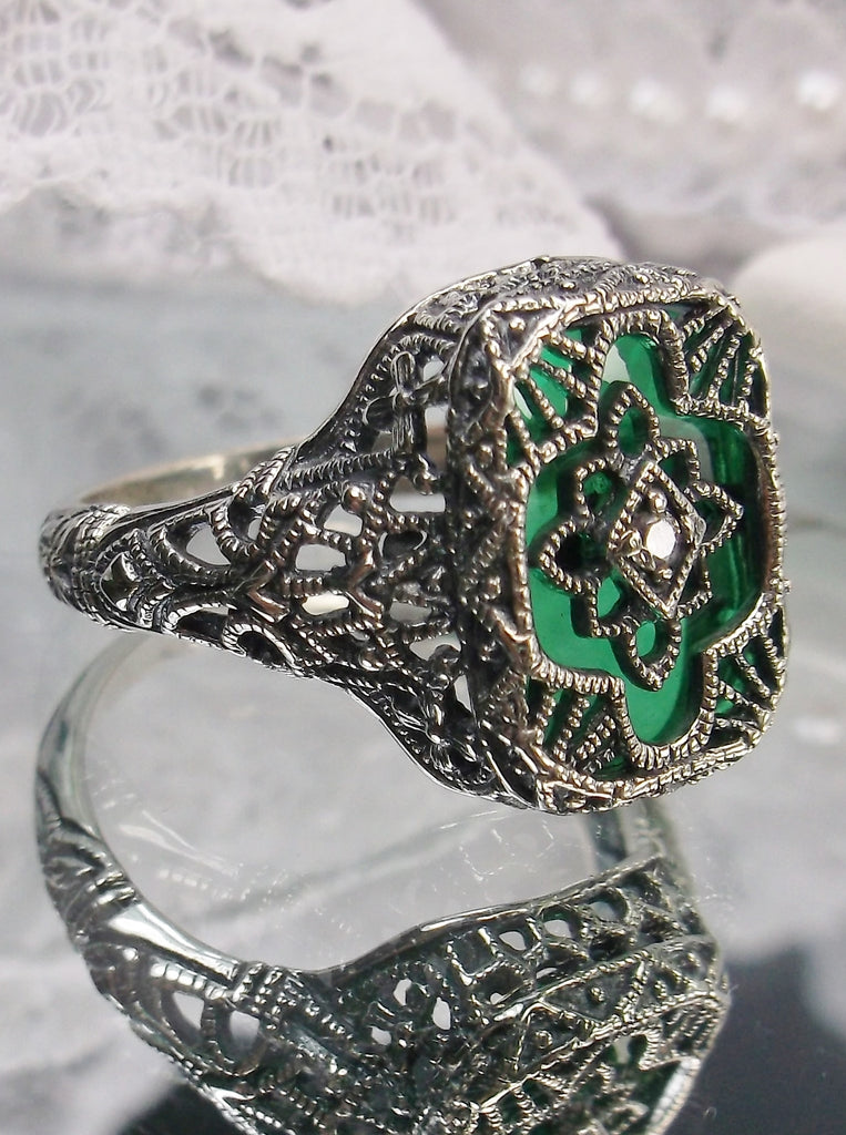 Emerald Green Camphor Glass Ring with White Cubic Zirconia inset, Sterling Silver Filigree Jewelry, Silver Embrace Jewelry
