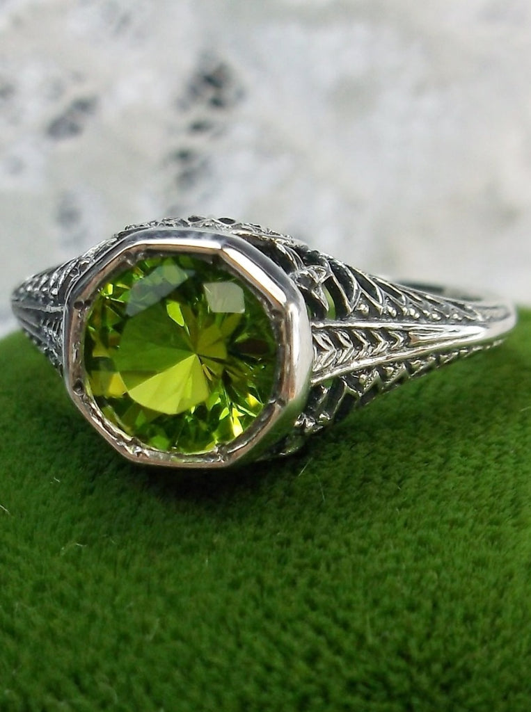 Chartreuse Green Peridot Ring, Dandelion Ring, Edwardian Wedding Ring, Vintage Jewelry, Sterling Silver Filigree, Silver Embrace Jewelry, Dandelion Ring, Design D205