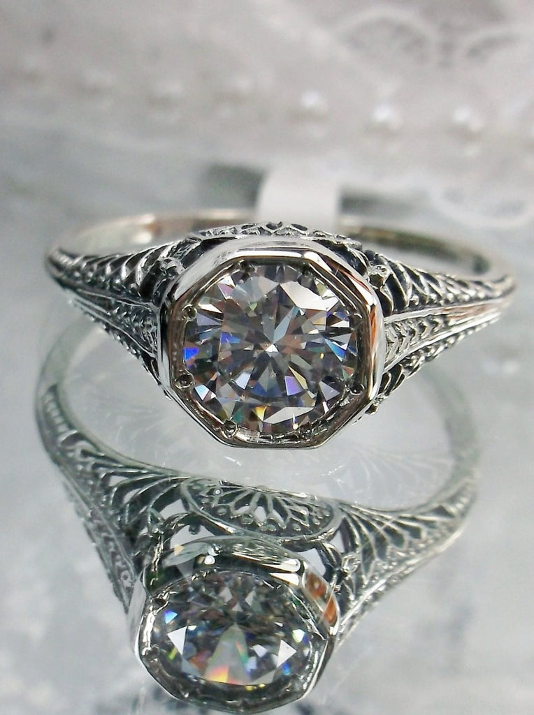 Moissanite Ring, Dandelion Ring, Edwardian Wedding Ring, Vintage Jewelry, Sterling Silver Filigree, Silver Embrace Jewelry, Dandelion Ring, Design D205