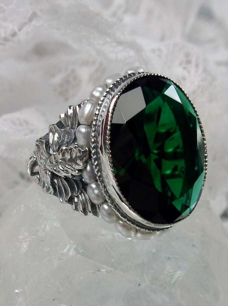 Emerald Art Nouveau style sterling silver ring, oval green gem with seed pearls encircling the gem edge and palm tree silver filigree accents on each side of the band