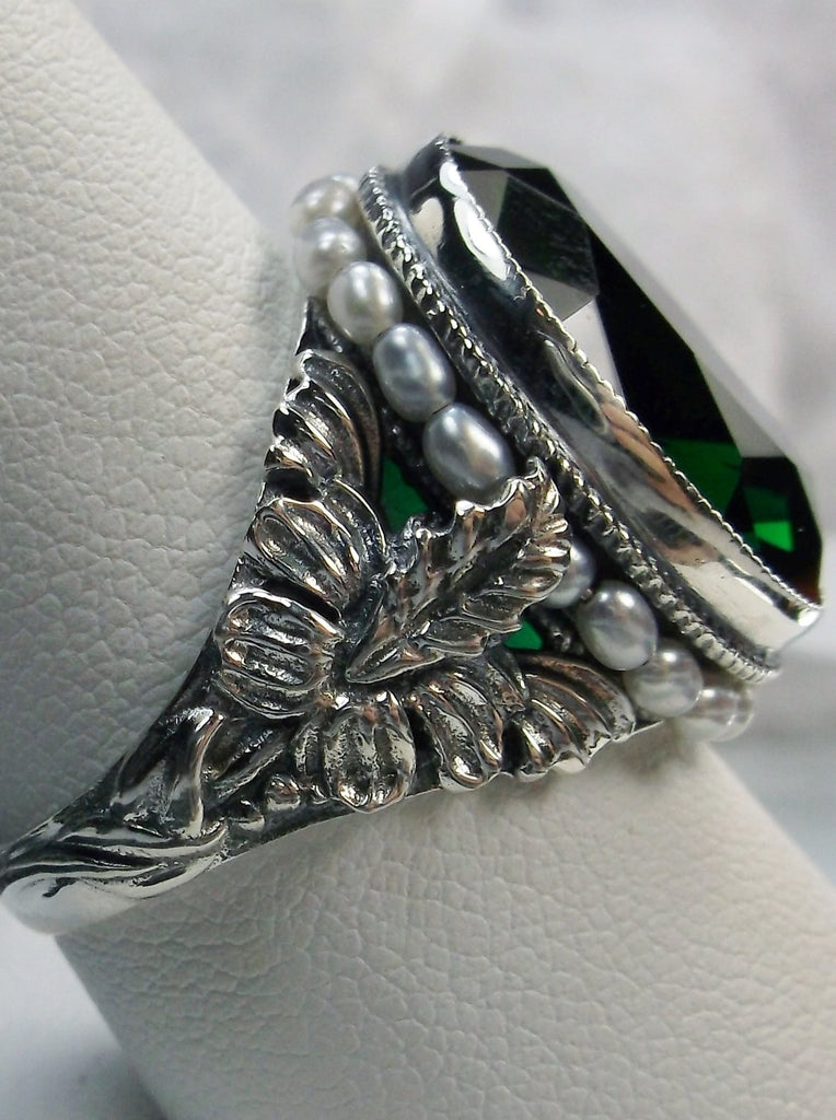 Emerald Art Nouveau style sterling silver ring, oval green gem with seed pearls encircling the gem edge and palm tree silver filigree accents on each side of the band