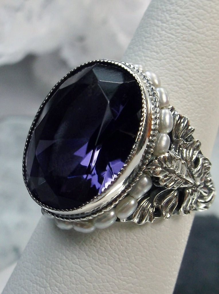Purple Amethyst Art Nouveau style sterling silver ring, oval purple gem with seed pearls encircling the gem edge and palm tree silver filigree accents on each side of the band