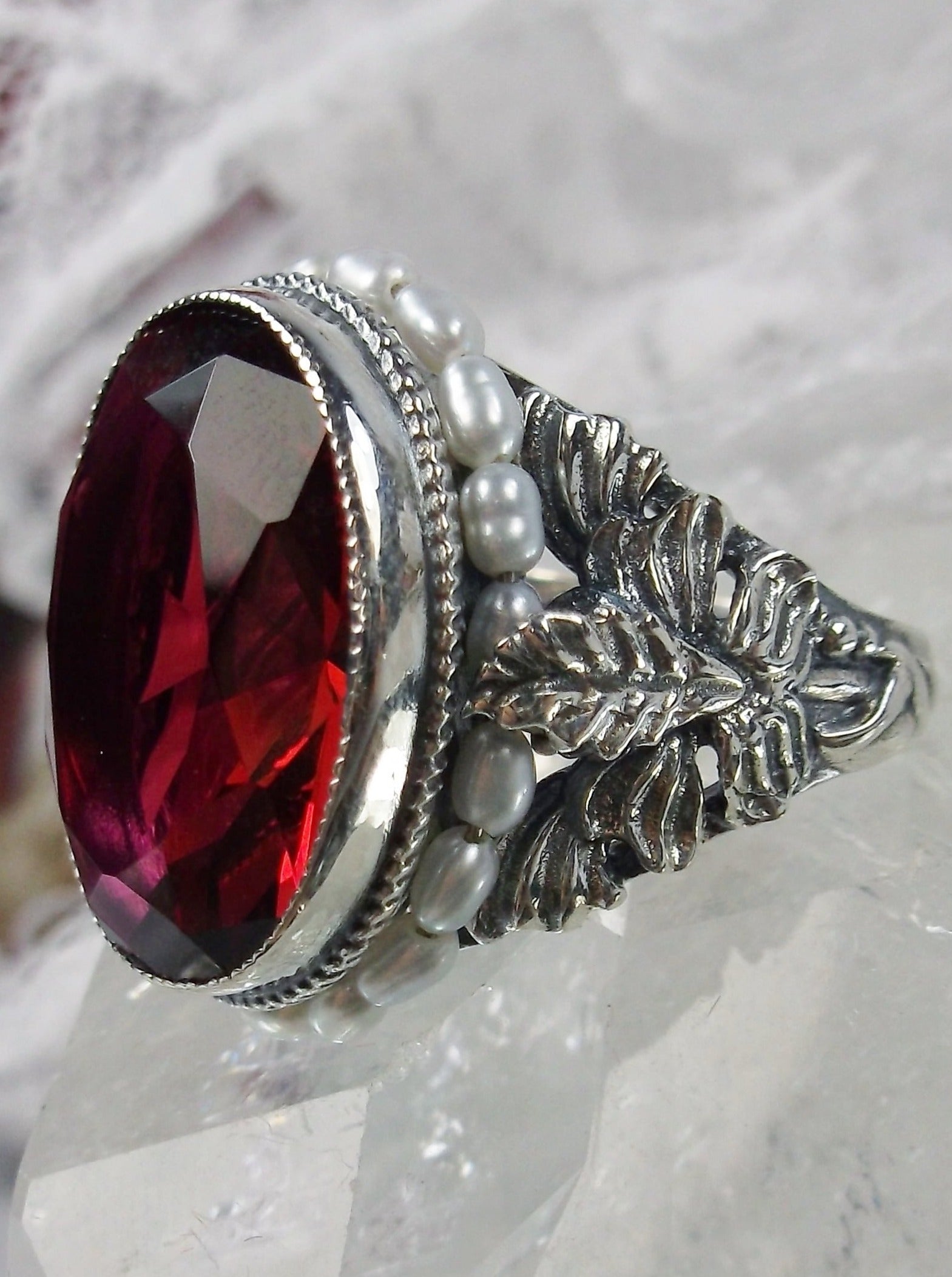Ruby Ring, Ruby & Seed Pearl, Art Nouveau Jewelry #D207 – Silver Embrace