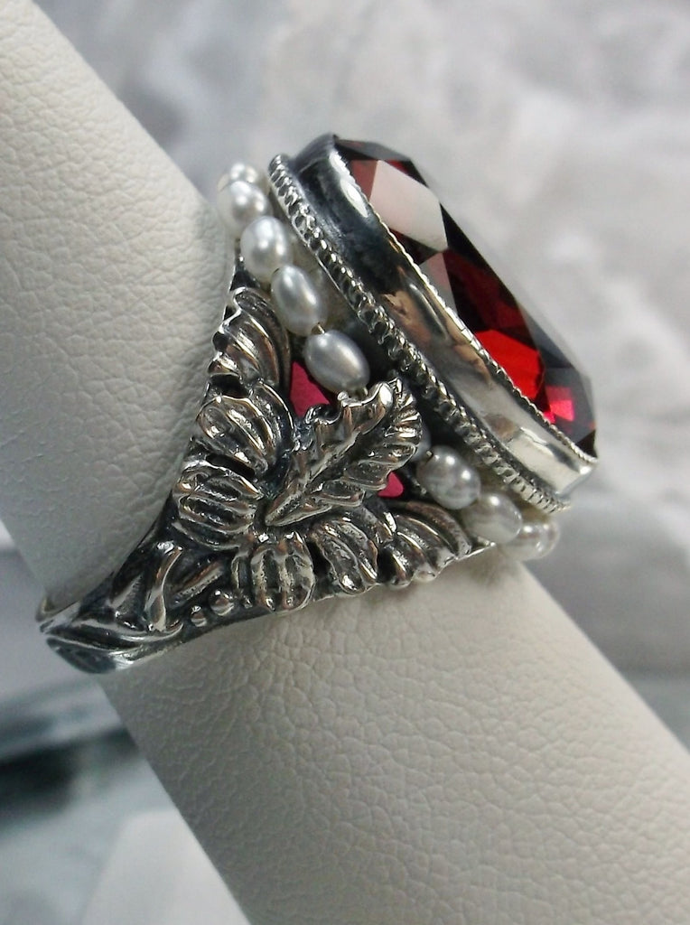 Red Garnet Art Nouveau style sterling silver ring, oval red gem with seed pearls encircling the gem edge and palm tree silver filigree accents on each side of the band