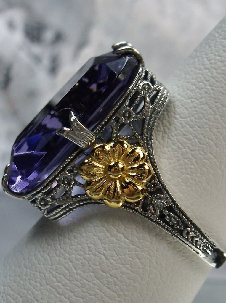 Purple Amethyst Ring, Golden Daisy, Rectangle faceted Gemstone, Gold Daisy, Vintage Ring, Victorian Jewelry, Silver Embrace Jewelry, Sterling Silver Filigree, D208 Gold Daisy