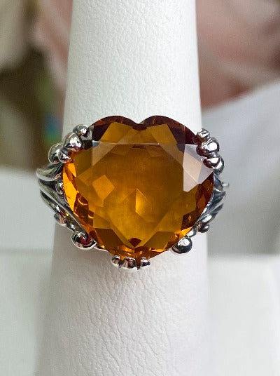 Orange Ring, Cognac Citrine Ring, Heart shaped Gemstone Ring, Heart Ring, Gothic Art Deco Design, heartleaf, Sterling Silver Filigree, Vintage Jewelry, Silver Embrace Jewelry, D213