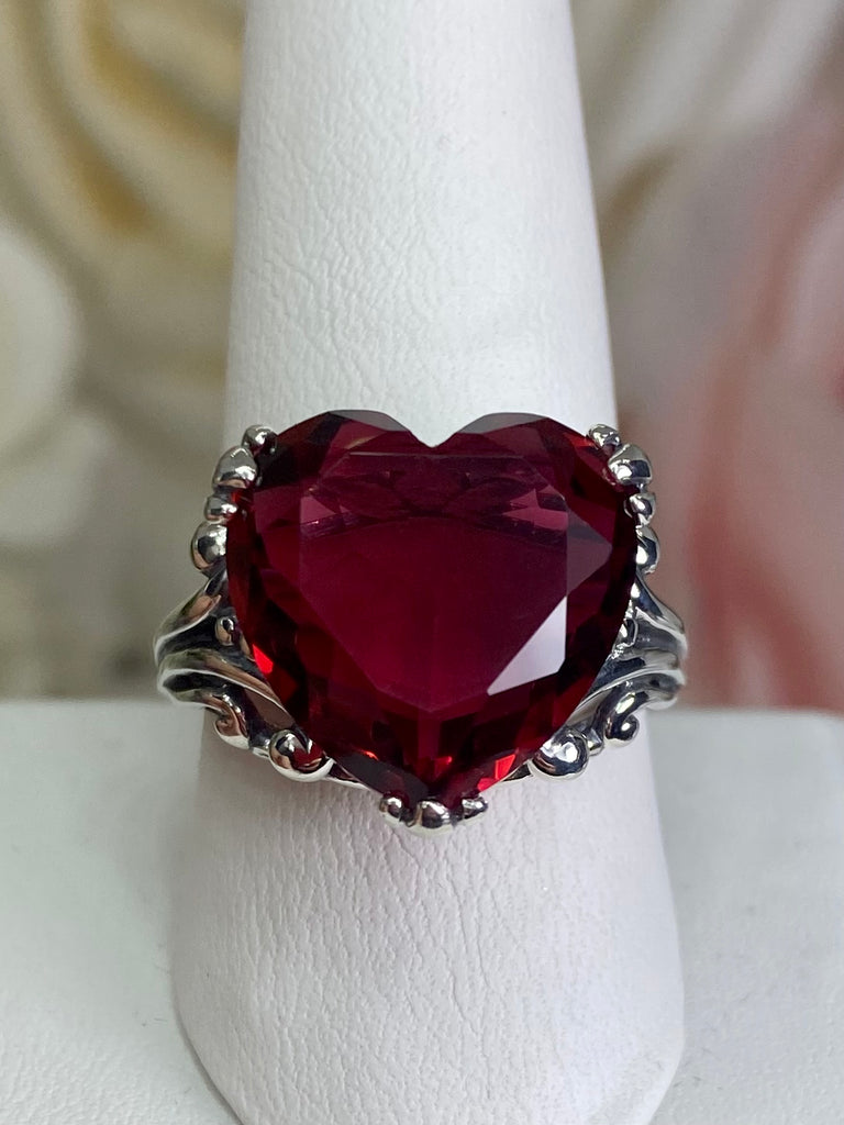 Red Ruby ring with a heart shaped gem and gothic style sterling silver filigree, D213 Heart Leaf, Silver Embrace Jewelry