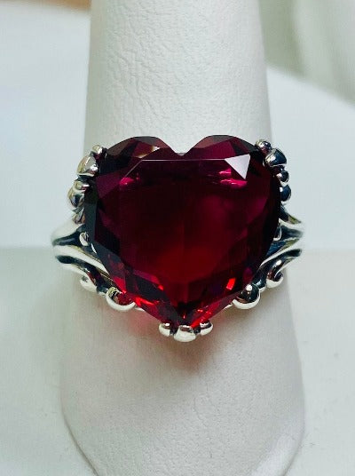 Red Ruby Ring, Heart shaped Gemstone Ring, Heart Ring, Gothic Art Deco Design, heartleaf, Sterling Silver Filigree, Vintage Jewelry, Silver Embrace Jewelry, D213