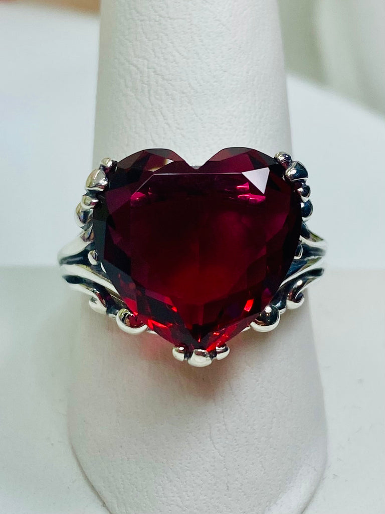 Red Ruby ring with a heart shaped gem and gothic style sterling silver filigree, D213 Heart Leaf, Silver Embrace Jewelry