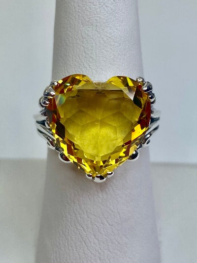 Yellow Citrine Ring, Heart shaped Gemstone Ring, Heart Ring, Gothic Art Deco Design, heartleaf, Sterling Silver Filigree, Vintage Jewelry, Silver Embrace Jewelry, D213