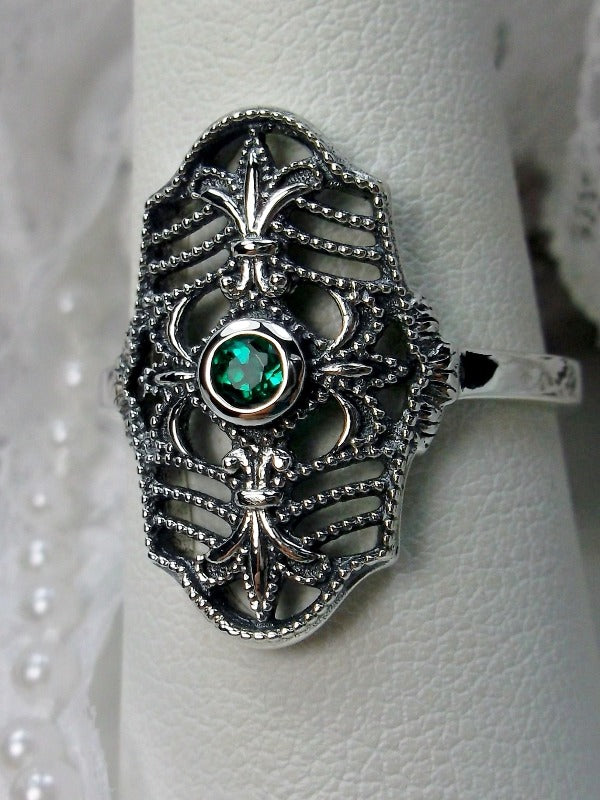 Natural Green Emerald Ring, Victorian jewelry, Sterling Silver Filigree, Silver Embrace Jewelry, François D216