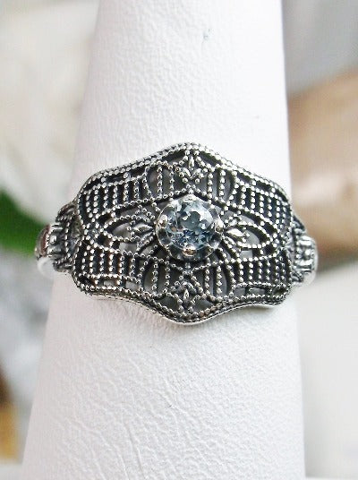 Natural Blue Topaz Ring, Deco Vic Ring, Solitaire round cut natural gemstone, Sterling silver Filigree, Art Deco Vintage Style Jewelry #D218, Silver Embrace Jewelry