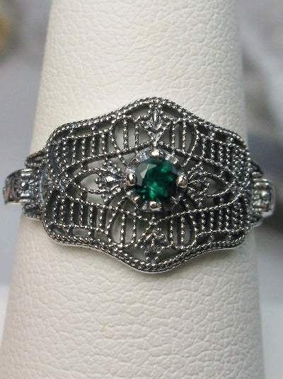 Natural Green Emerald Ring, Art Deco vintage style, solitaire with sterling silver filigree, Vintage Jewelry, Silver Embrace Jewelry D218 DecoVic