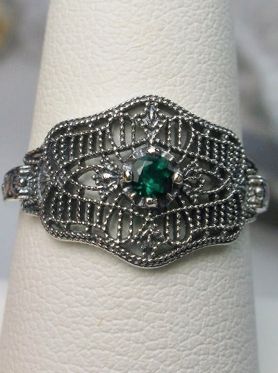 Natural Emerald Ring, Green gemstone, Deco Vic Ring, Solitaire round cut natural gemstone, Sterling silver Filigree, Art Deco Vintage Style Jewelry #D218, Silver Embrace Jewelry