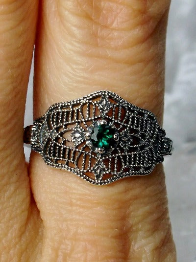 Natural Green Emerald Ring, Art Deco vintage style, solitaire with sterling silver filigree, Vintage Jewelry, Silver Embrace Jewelry D218 DecoVic