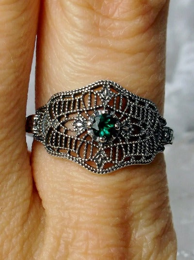 Natural Green Emerald Ring, Deco Vic Ring, Solitaire round cut natural gemstone, Sterling silver Filigree, Art Deco Vintage Style Jewelry #D218, Silver Embrace Jewelry