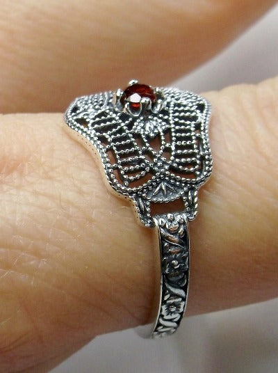 Natural Red Garnet Ring, Art Deco vintage style, solitaire with sterling silver filigree, Vintage Jewelry, Silver Embrace Jewelry D218 DecoVic
