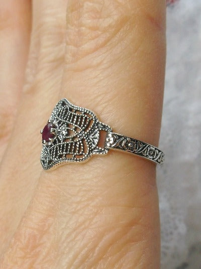 Natural Red Ruby Ring, Art Deco vintage style, solitaire with sterling silver filigree, Vintage Jewelry, Silver Embrace Jewelry D218 DecoVic