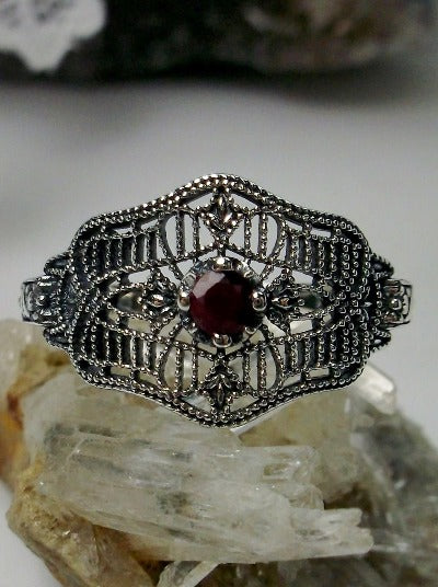 Natural Ruby Ring, Red Ruby Gemstone, Deco Vic Ring, Solitaire round cut natural gemstone, Sterling silver Filigree, Art Deco Vintage Style Jewelry #D218, Silver Embrace Jewelry