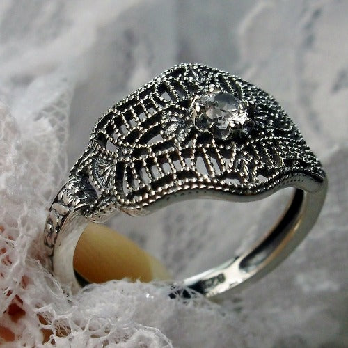 White Gemstone Ring, White CZ, Natural White Topaz, Moissanite or Diamond Gemstone, Art Deco Vintage Style Jewelry #D218, Silver Embrace Jewelry