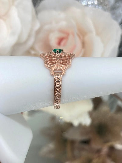 Natural Green Emerald Ring, Art Deco Vintage design, Rose Gold plated sterling silver, Silver Embrace Jewelry, Deco Vic, #D218