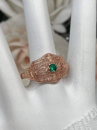 Natural Green Emerald Ring, Art Deco Vintage design, Rose Gold plated sterling silver, Silver Embrace Jewelry, Deco Vic, #D218