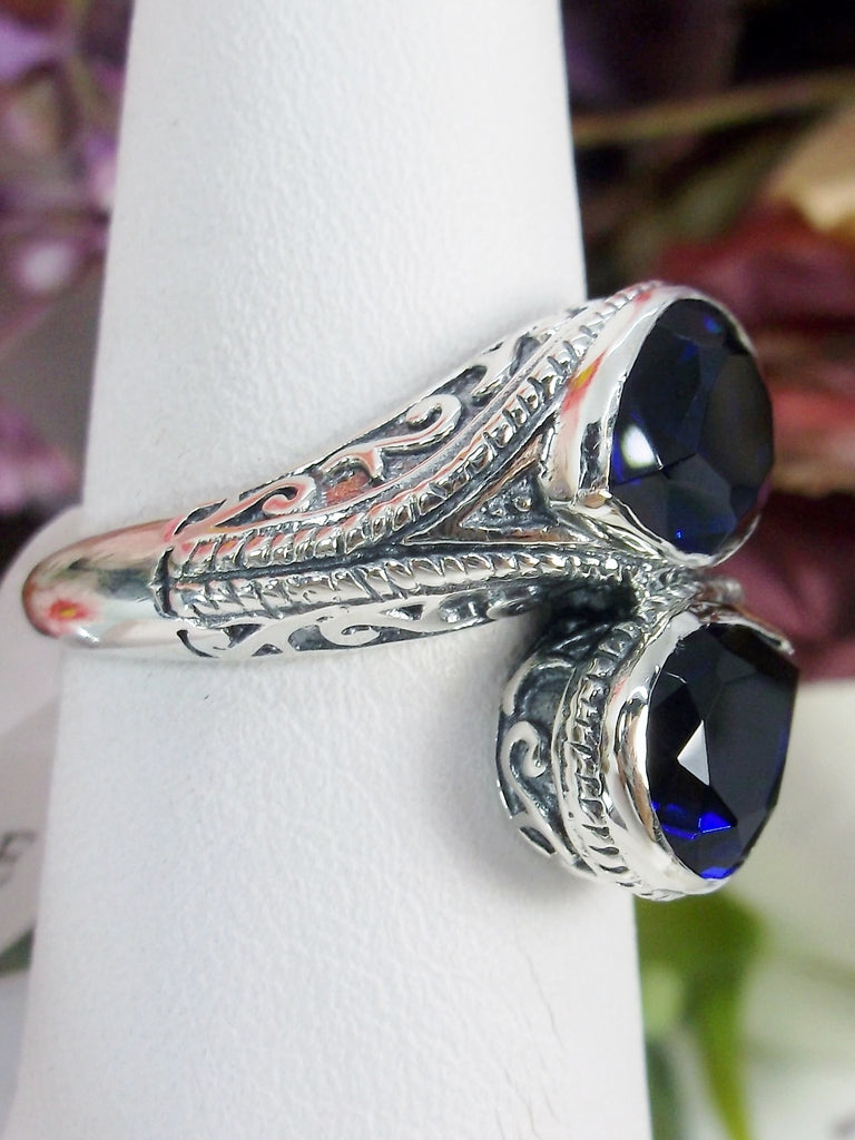 Blue Sapphire Dual Jewel Ring, Snake Eyes, Sterling Silver Filigree, Silver Embrace Jewelry