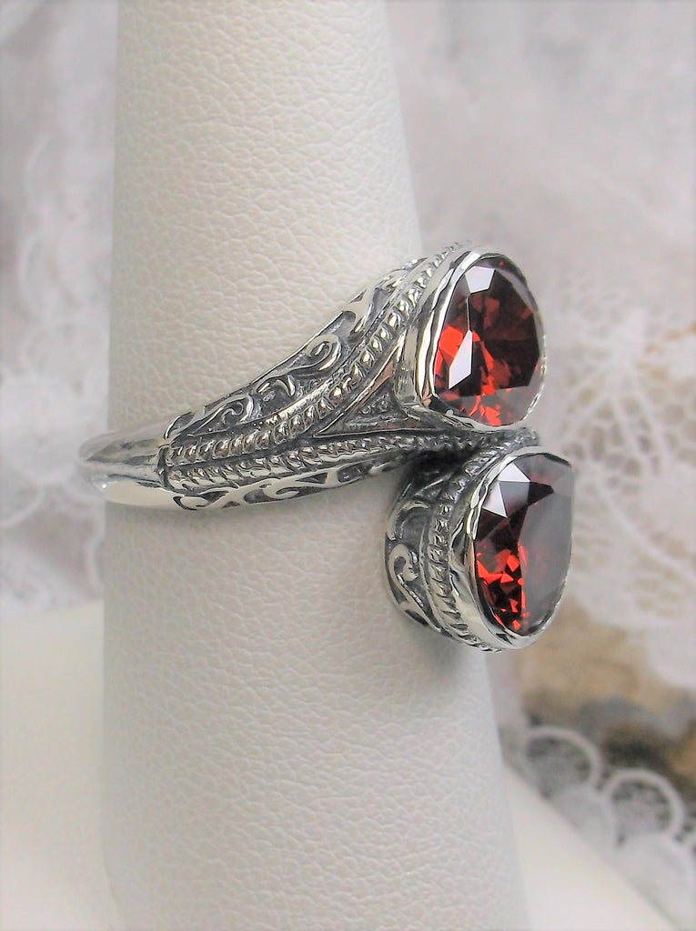 Red Garnet Cubic Zirconia (CZ) Dual Jewel Ring, Snake Eyes, Sterling Silver Filigree, Silver Embrace Jewelry