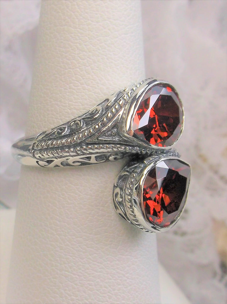 Red Garnet Cubic Zirconia (CZ) Dual Jewel Ring, Snake Eyes, Sterling Silver Filigree, Silver Embrace Jewelry