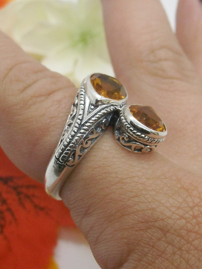Orange Citrine Dual Jewel Ring, Snake Eyes, Sterling Silver Filigree, Silver Embrace Jewelry