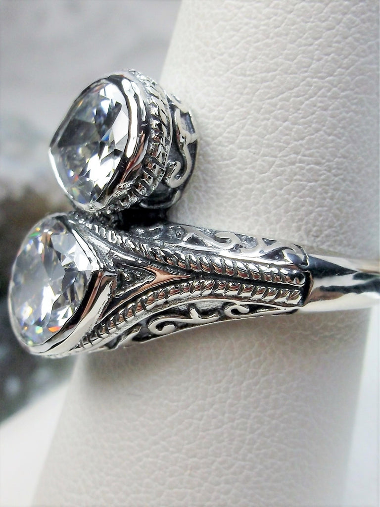 White Cubic Zirconia (CZ) Dual Jewel Ring, Snake Eyes, Sterling Silver Filigree, Silver Embrace Jewelry