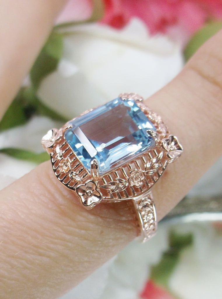 Natural Blue Topaz Ring, Rose Gold over sterling silver, Victorian Jewelry, Picture Frame Design, Silver Embrace Jewelry, D227