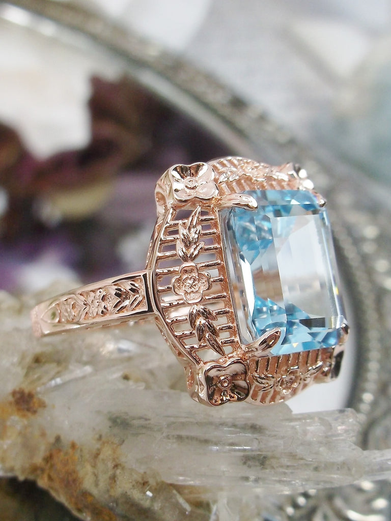 Natural Blue Topaz Ring, Rose Gold over sterling silver, Victorian Jewelry, Picture Frame Design, Silver Embrace Jewelry, D227