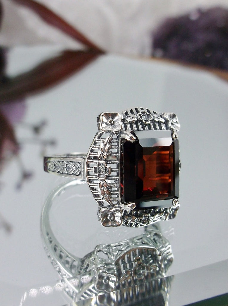 Natural Red Garnet Ring, Picture Frame Filigree, Vintage Jewelry, Sterling Silver, Silver Embrace Jewelry D227