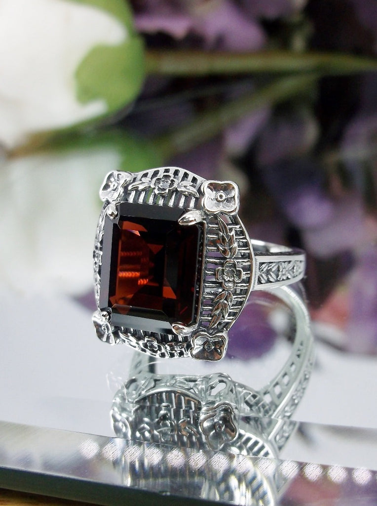 Natural Red Garnet Ring, Picture Frame Filigree, Vintage Jewelry, Sterling Silver, Silver Embrace Jewelry D227