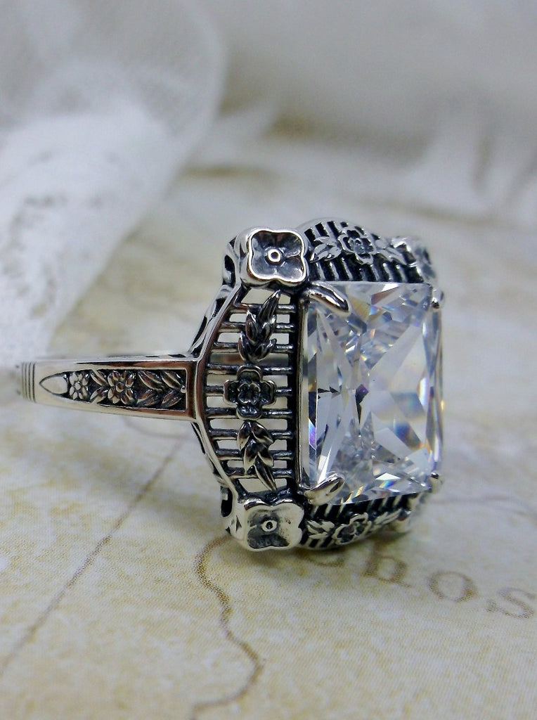 White CZ (Cubic Zirconia) Ring, Picture Frame Filigree, Vintage Jewelry, Sterling Silver, Silver Embrace Jewelry D227