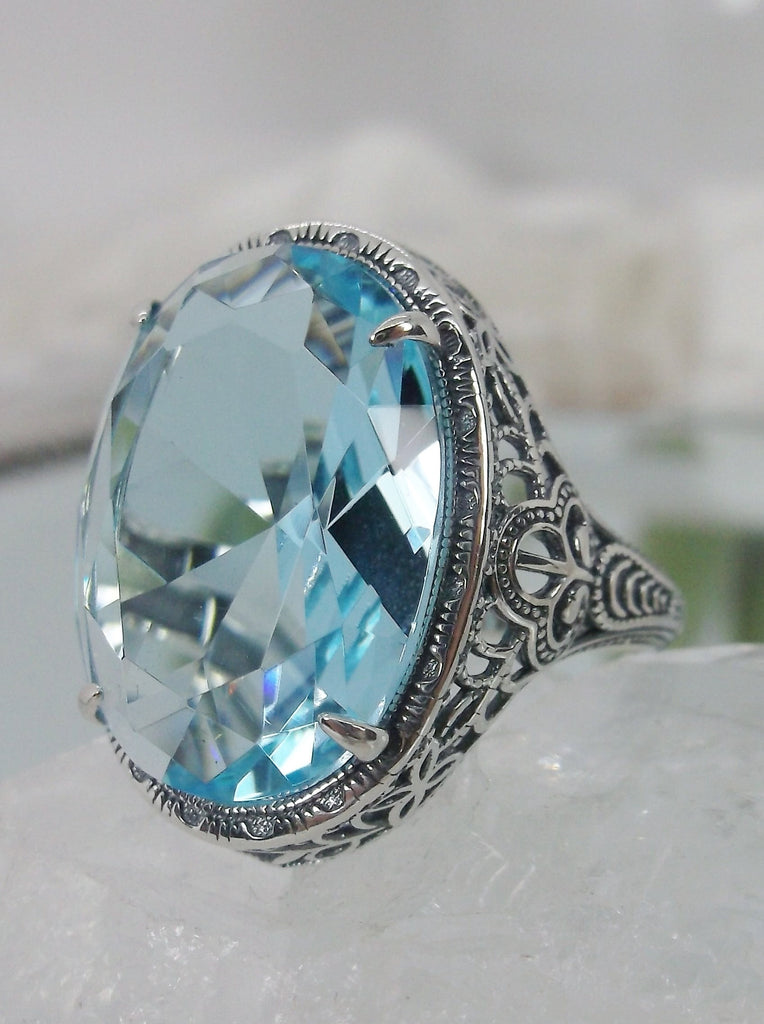 Sky blue Aquamarine Persian Art Deco Ring, Vintage Jewelry, Sterling Silver, Silver Embrace Jewelry D230