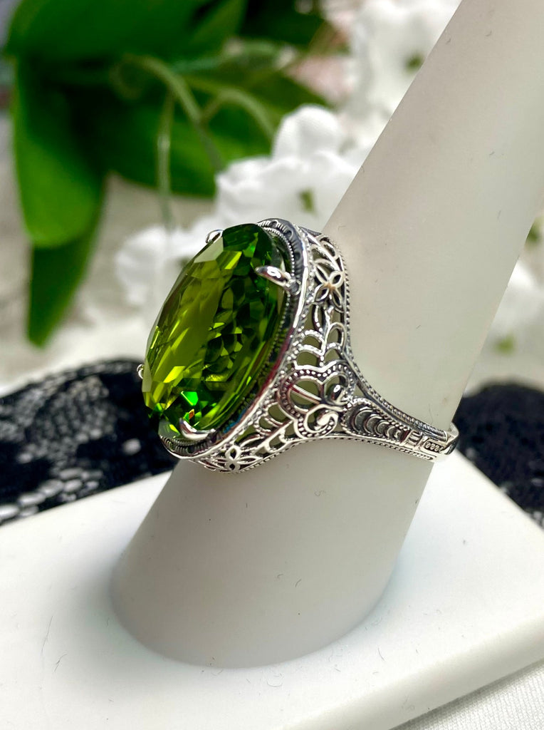 Green Peridot Ring, Persian Art Deco Ring, Vintage Jewelry, Sterling Silver, Silver Embrace Jewelry D230