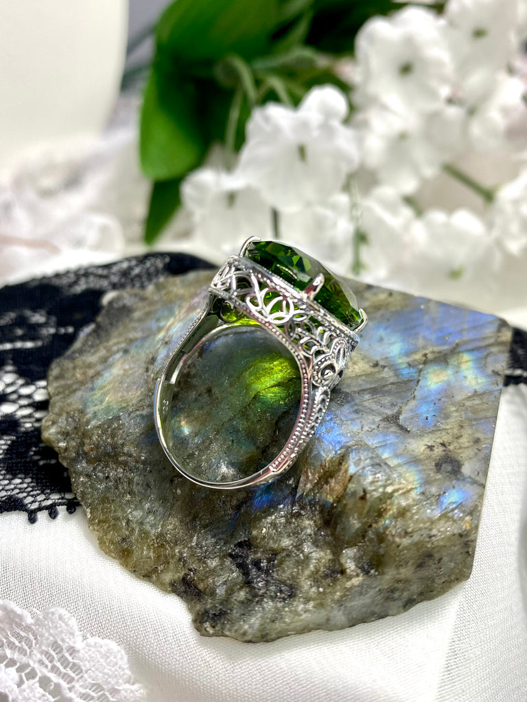 Peridot Ring, Art Deco Vintage Style, Persian Design, Oval Gemstone, Large Ring, Silver Embrace Jewelry, D230