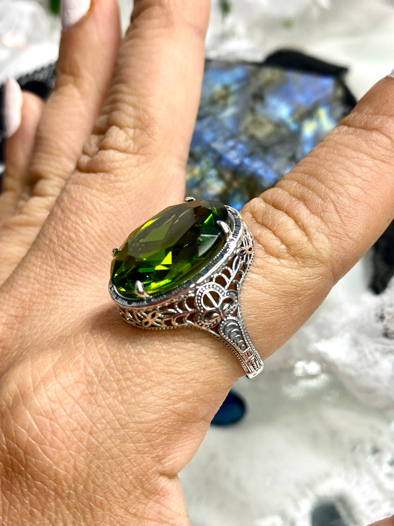 Peridot Ring, Art Deco Vintage Style, Persian Design, Oval Gemstone, Large Ring, Silver Embrace Jewelry, D230