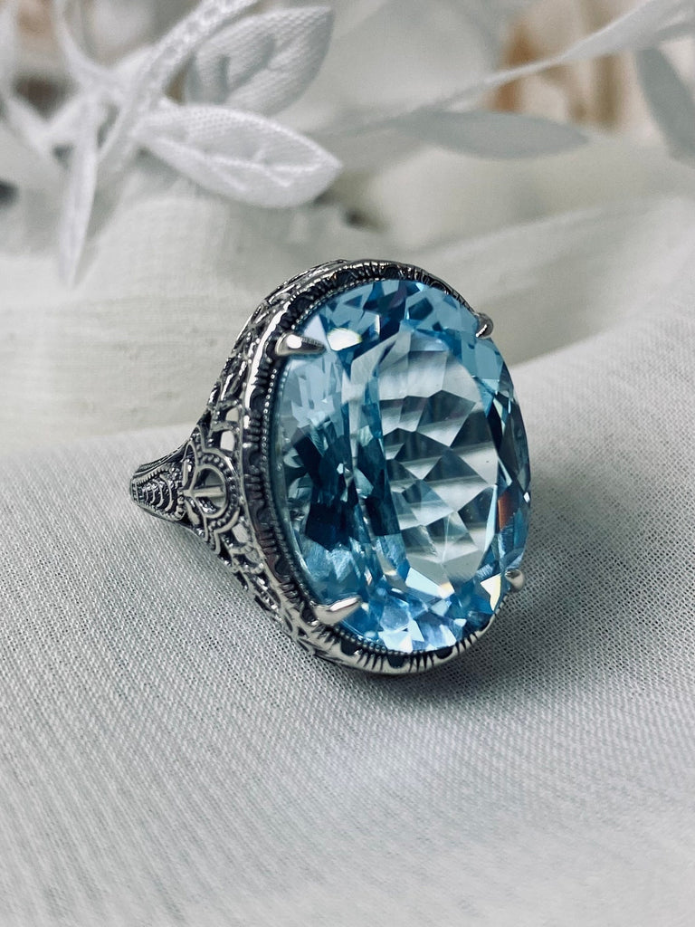 Natural Sky blue Topaz Persian Art Deco Ring, Vintage Jewelry, Sterling Silver, Silver Embrace Jewelry D230