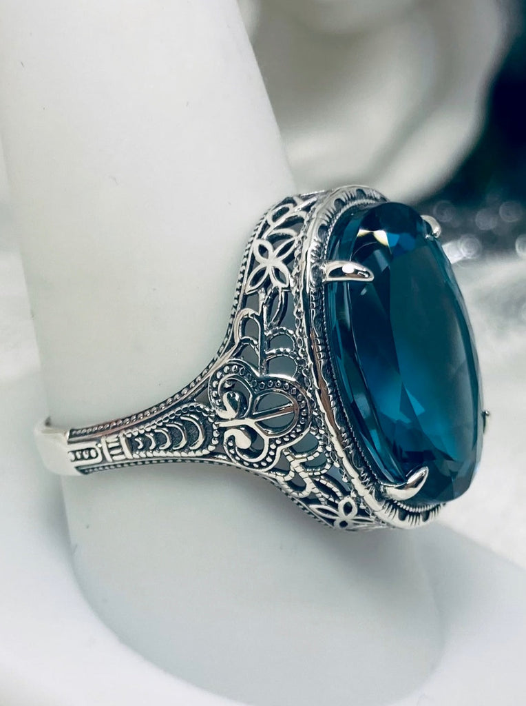 Natural London blue Topaz Ring, Persian Art Deco Ring, Vintage Jewelry, Sterling Silver, Silver Embrace Jewelry D230