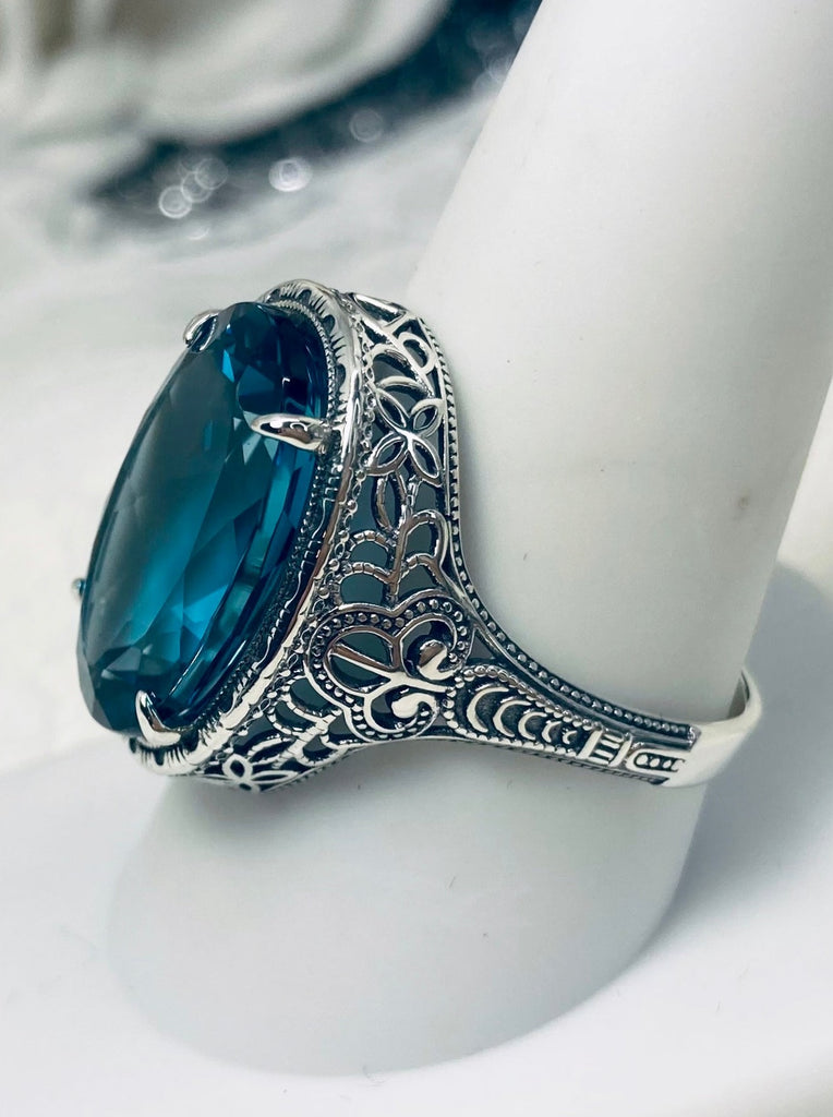 Natural London blue Topaz Ring, Persian Art Deco Ring, Vintage Jewelry, Sterling Silver, Silver Embrace Jewelry D230