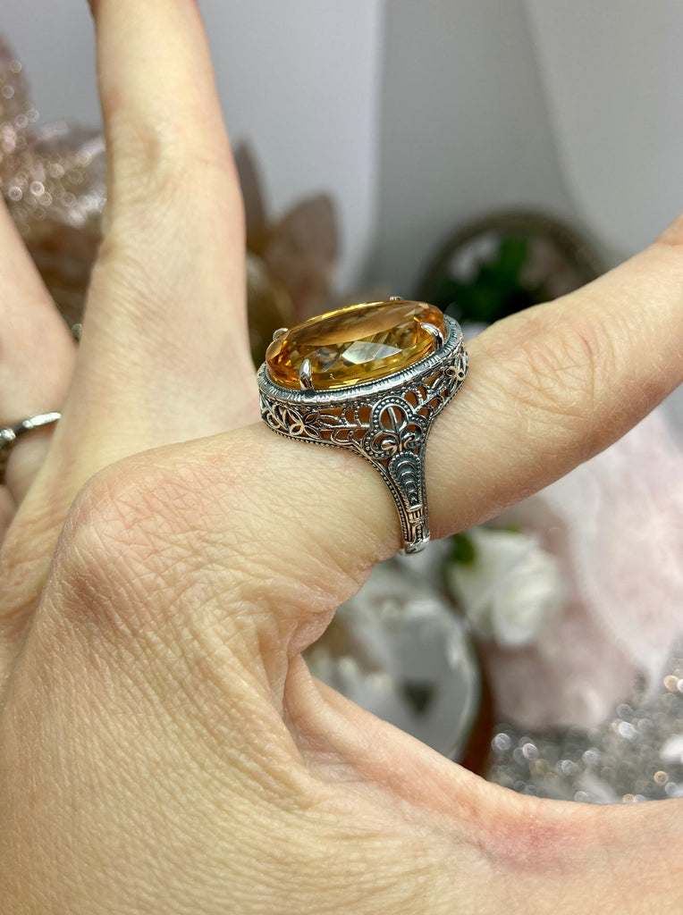 Natural Yellow Citrine Ring, Persian Art Deco Ring, Vintage Jewelry, Sterling Silver, Silver Embrace Jewelry D230